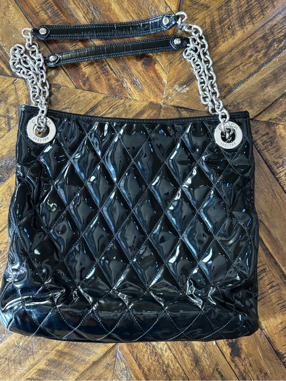 Y2K Vintage Rare Coach Poppy Pink Quilted Patent Leather Slim Tote Shoulder Bag - Picture 2 of 3